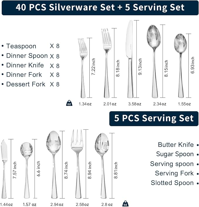 45 Piece Silverware Set for 8