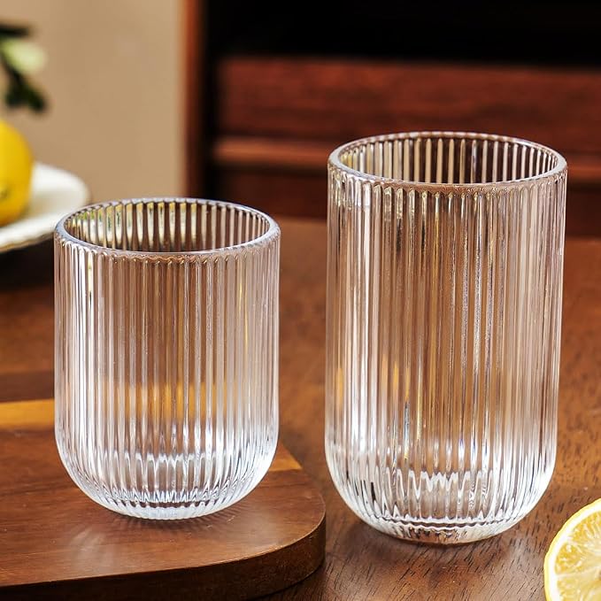 Ribbed Drinking Glasses 8pcs, Rocks Drinking Glasses 12oz and 10oz, Tumbler