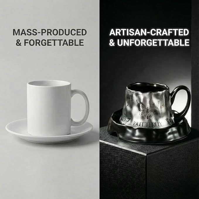 Volcanic Ash Titanium Finish Coffee Mug and Saucer Set | Modern Sculptural