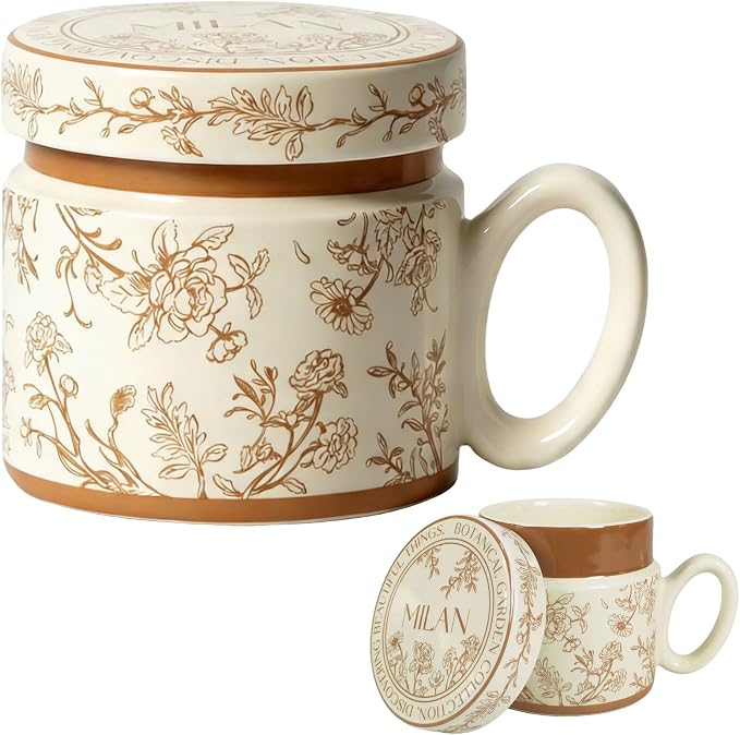 12.9oz Ceramic Coffee Mug with Lid, Flower Patterned Porcelain Mug, Ceramic Tea