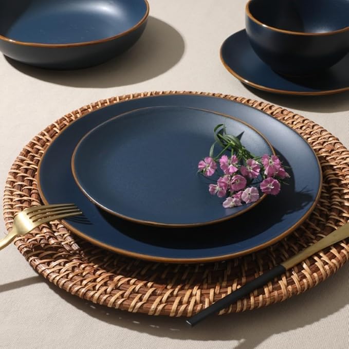 Gibson Home Hazeltine 16-Piece Navy Blue Stoneware Dinnerware Set – Plates and