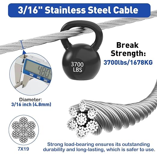 TooTaci 3/16" Stainless Steel Cable, 50ft Wire Rope