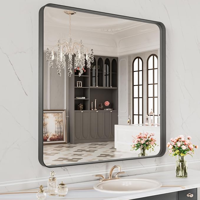 32X32 Inch Black Metal Framed Bathroom Mirror