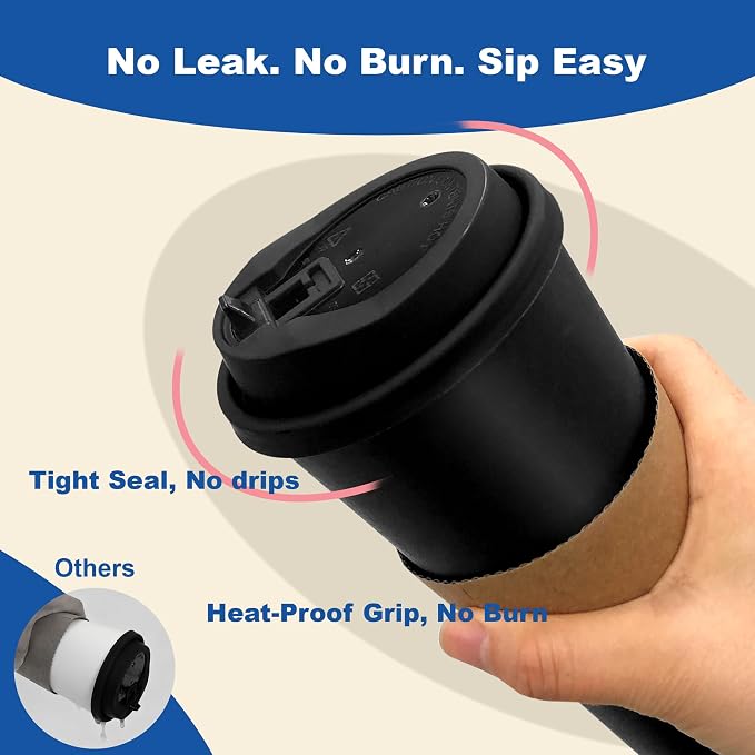 20 oz 50 Pack Coffee Cups with Lids and Sleeves, Hot Disposable To Go Travel