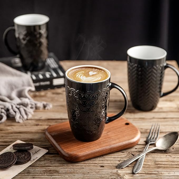 AmorArc 20 oz Large Coffee Mugs Set of 6, Embossed Ceramic Coffee Mugs
