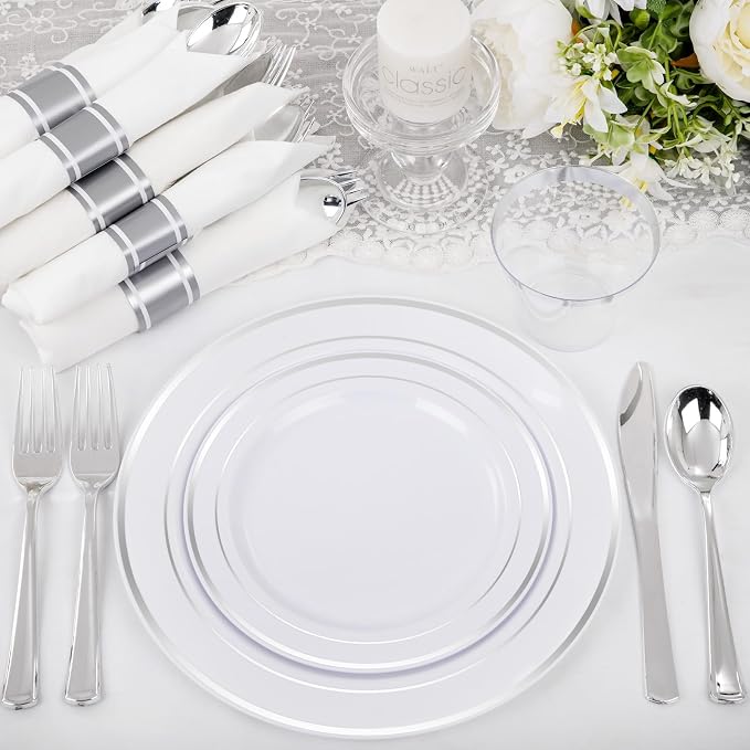 WELLIFE 210 Piece Silver Plastic Dinnerware Set