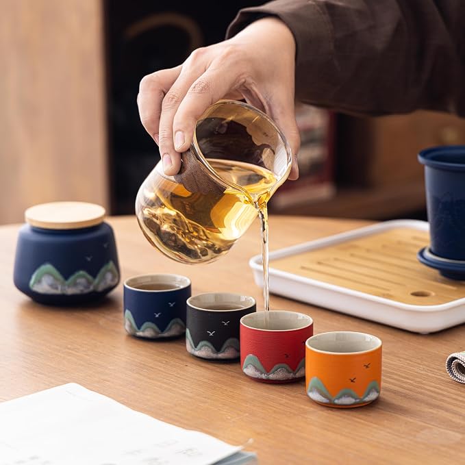 Portable Gongfu Tea Set with Travel Case, Ceramic Tea Set with Glass Teapot