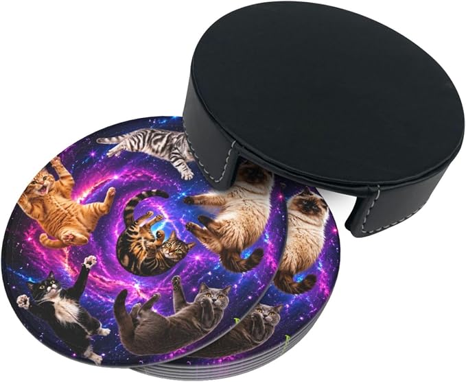 Cosmic Galaxy Cat Art Leather Coasters Set of 6