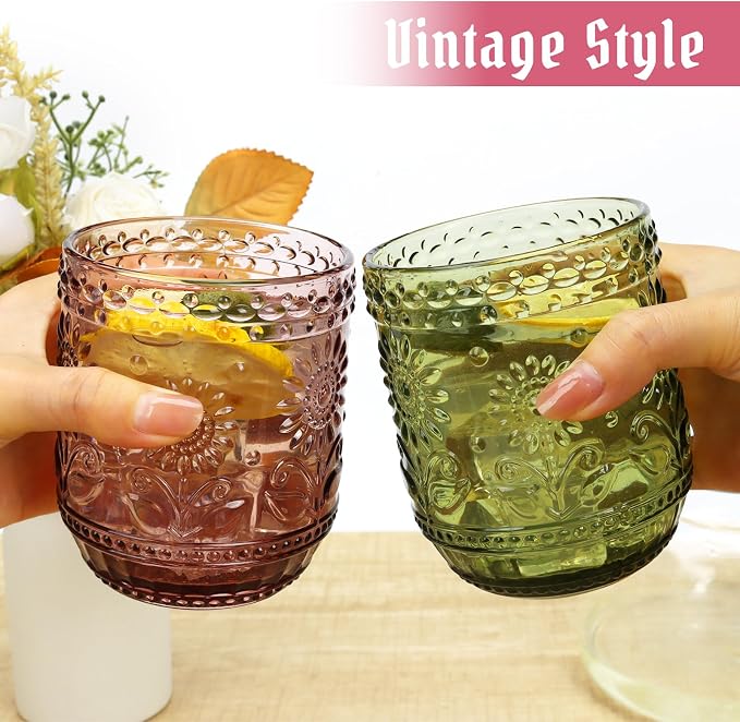 Topsky Vintage Drinking Glass Set of 4, 12 oz Embossed Floral Drinkware Set