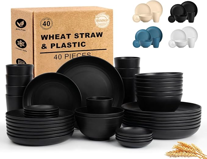 Plates and Bowls Sets for 8, Wheat Straw Dinnerware Sets 40 Piece, Unbreakable