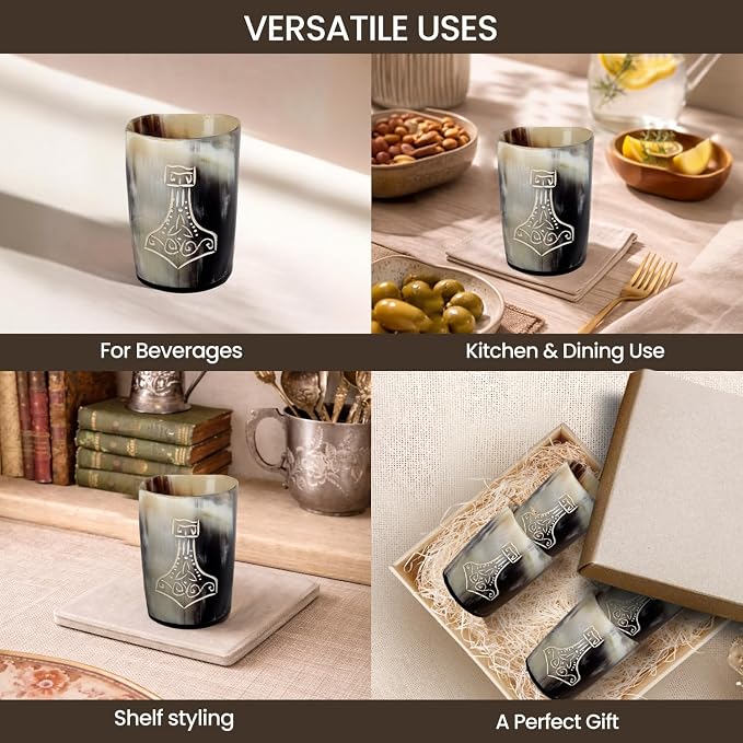 Handicrafts Home Viking Horn Shot Glasses Set of 4, Handmade Natural Ox Horn