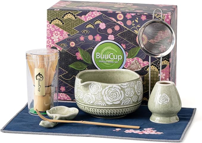 Matcha Whisk Set, 7-Pc Ceramic Matcha Bowl Kit, Bamboo Whisk, （Rose Green） |