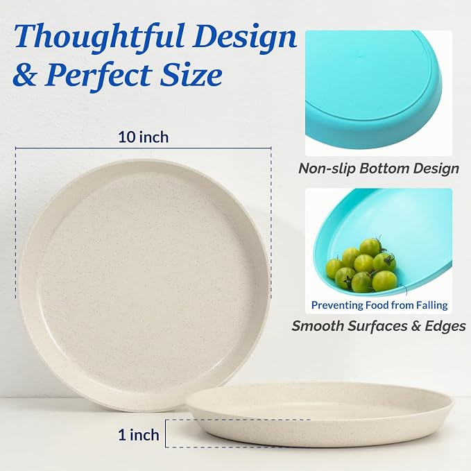 10 Inch Large Plastic Dinner Plates Set of 8 Wheat Straw Plates