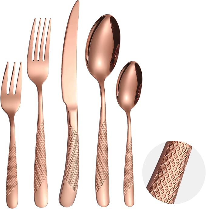 Hammered Flatware Set Copper/Rose Gold Silverware 20 Piece Stainless Steel