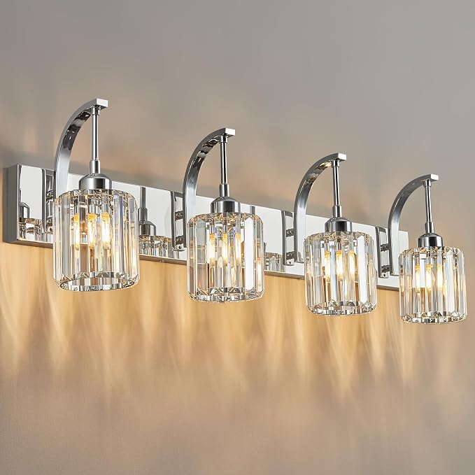 4-Light Crystal Vanity Light, Modern Chrome Bathroom Wall Sconce