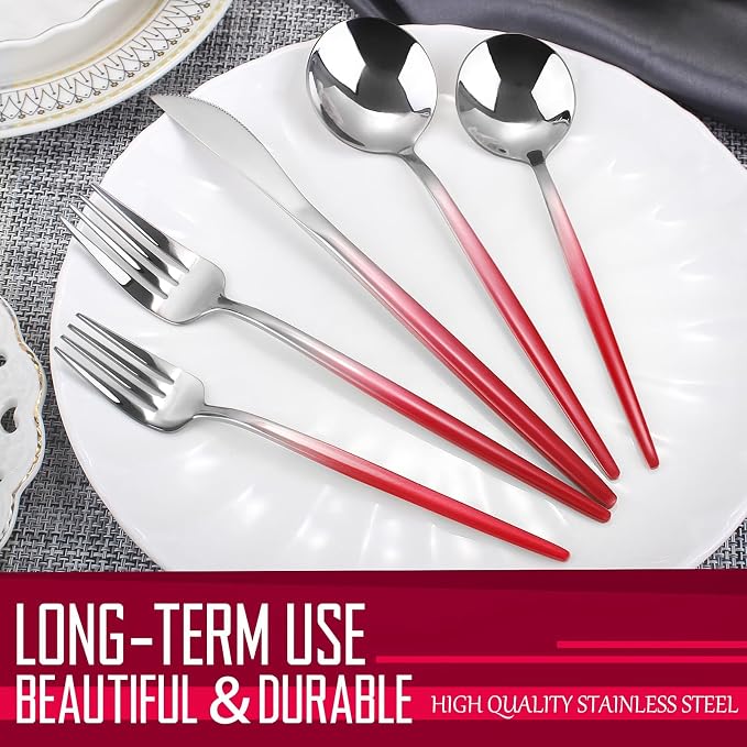 VANVRO Gradient Red Silverware Set, 20-Piece Stainless Steel Flatware Set