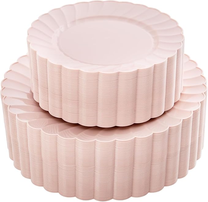 YOUBET 100PCS Pink Scalloped Plastic Plates