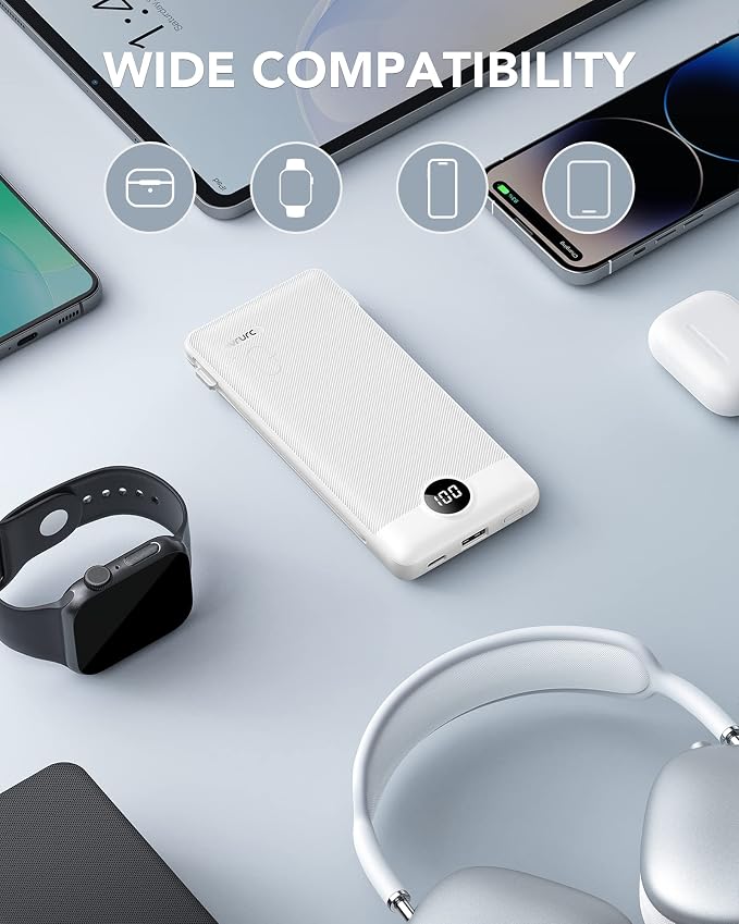 VRURC Portable Charger, Power Bank Built-in Cables and AC Wall Plug, USB C