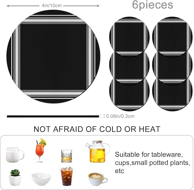 Black Grid Coasters Set of 6 Absorbent Coasters