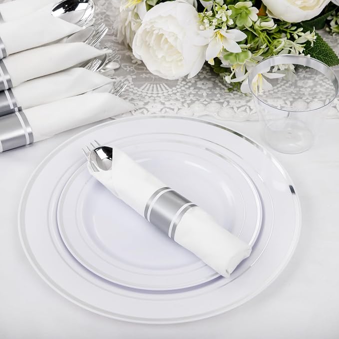 WELLIFE 210 Piece Silver Plastic Dinnerware Set