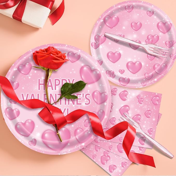 96 Pieces Valentine’s Day Tableware Set – Pink Heart Disposable Plates and