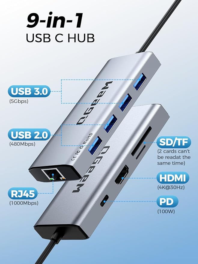 QGeeM USB C Hub Ethernet, 9 in 1 USB Type C Hub HDMI Multi-Port Converter