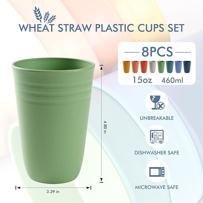 HOTEC 8-Pack 15oz Plastic Cups, BPA-Free Reusable Drinking Cup set, Unbreakable