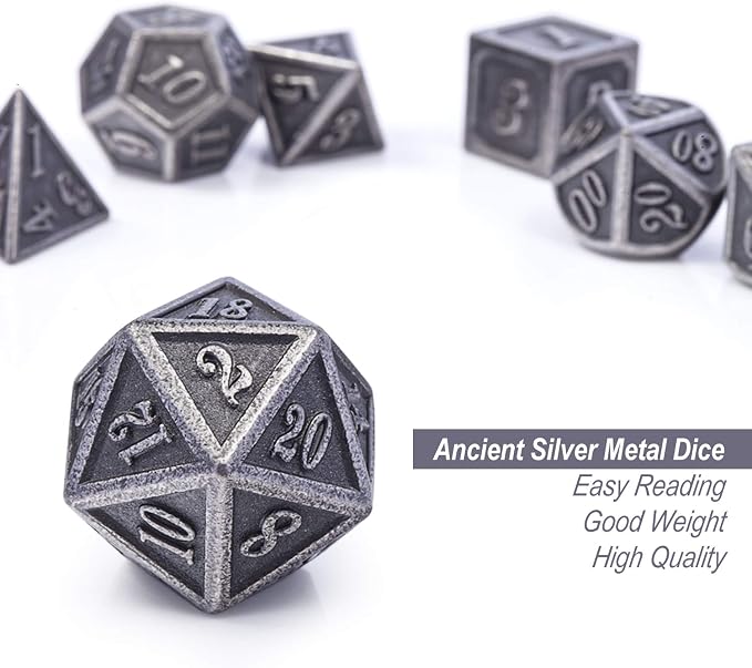 DnDnD Acient Silver Metal DND Dice Set, Pathfinder, Savage World and Table Games