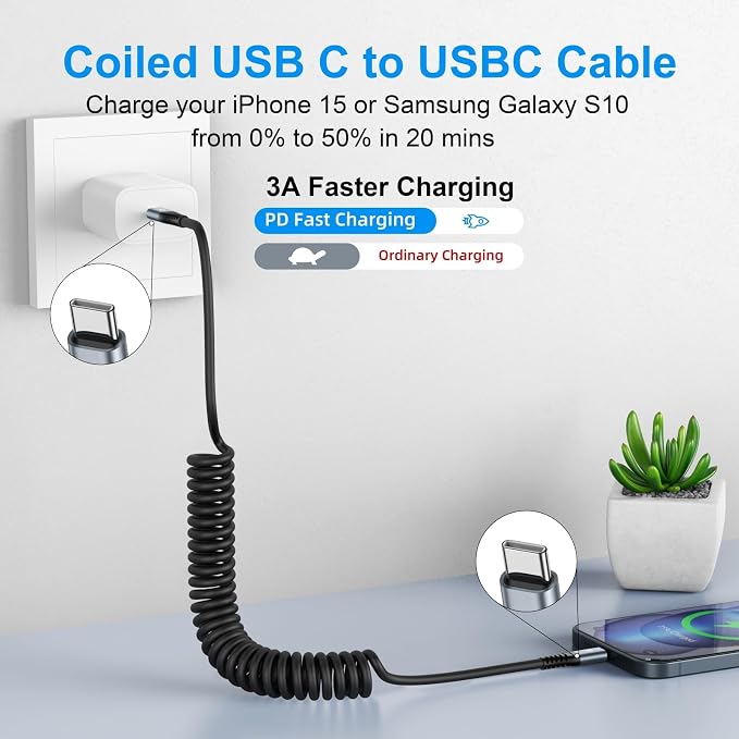 USB C to C Cable 3ft 2Pack Coiled USB C Charger Cable
