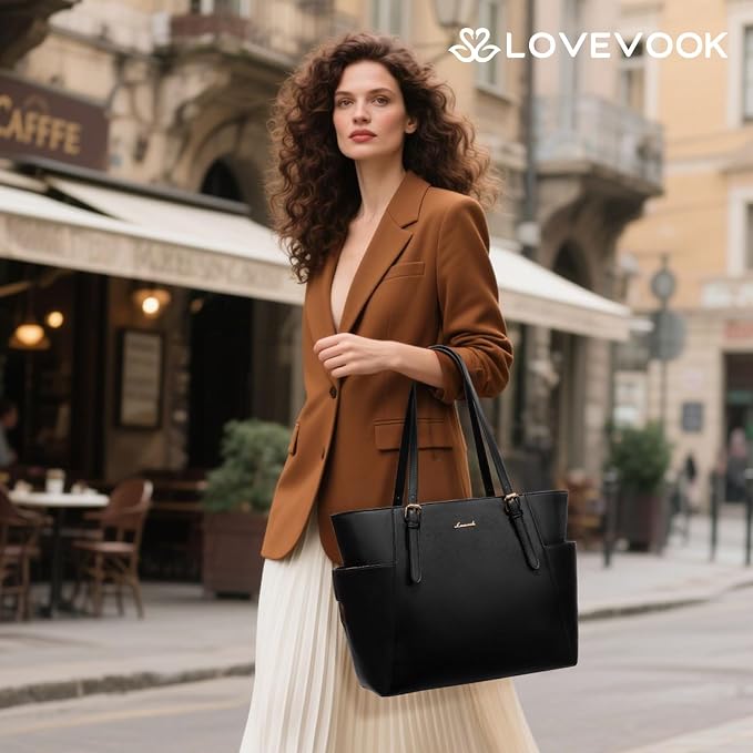 LOVEVOOK Laptop Tote Bag for Women, Leather Work Computer Briefcase Bag | Large