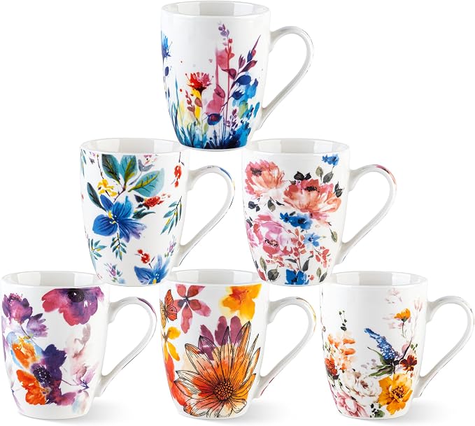 GBhome Floral Coffee Mugs Set of 6, 12 oz Ceramic Coffee Cups Set | Classic