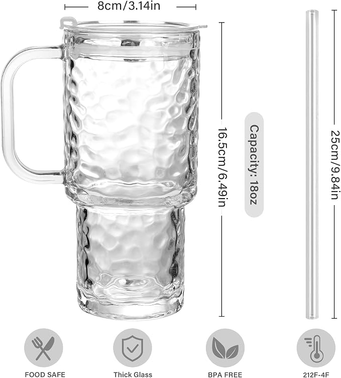 17oz Glass Tumbler with Handle & Lid – 2-Pack Iced Coffee Cups with Straws