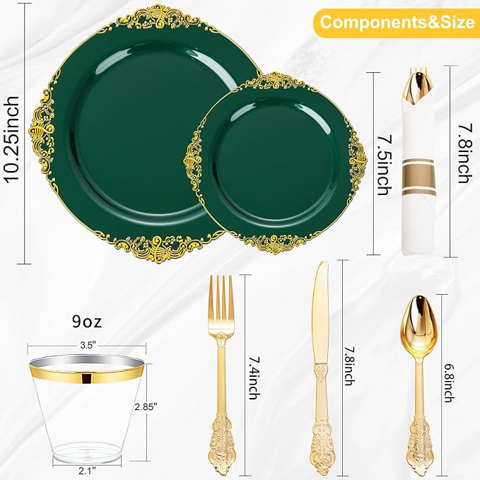 Nervure 350Pcs Green Plastic Plates, Plastic Dinnerware Set