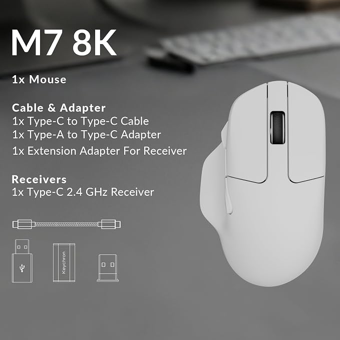 Keychron M7 8K Wireless Mouse, 30K DPI Optical Computer Mice, 2.4