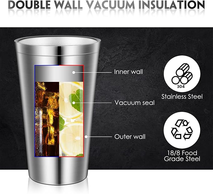 Zopeal 4 Pcs Stainless Steel Cups 16 Oz, Double Wall Vacuum Pint Cup Tumbler