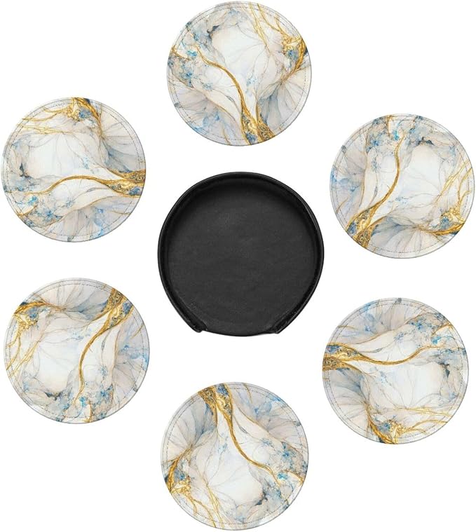 6 Pcs Abstract Luxury Blue Gold White Colors Marble Leather Coasters