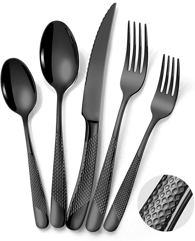 40-Piece Hammered Black Silverware Set