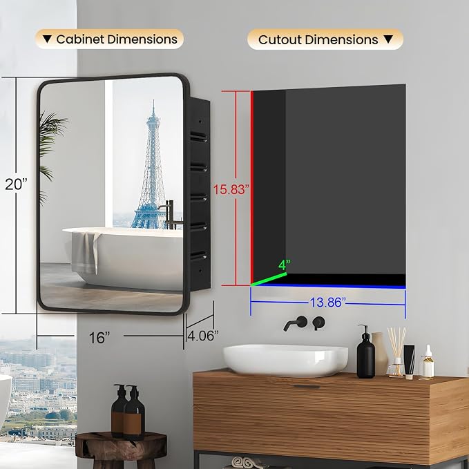 Black Medicine Cabinet 16x20 inch, Bathroom Mirror