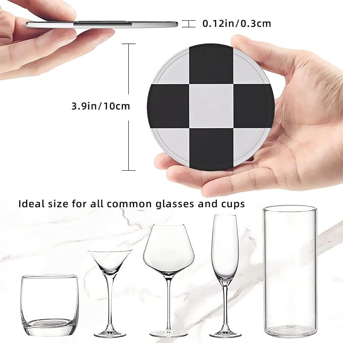 6 Pcs Black and White Checker Leather Coasters