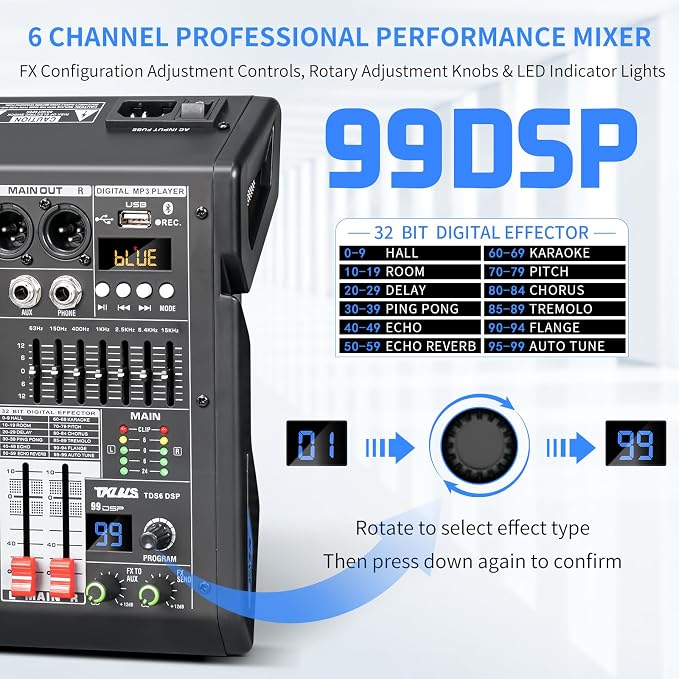 Audio Mixer, 6-Channel Professional DJ Mixer