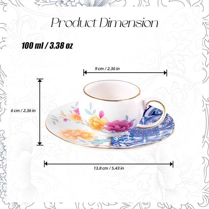 KAMMAK Tea Cups and Saucers Set of 2, Fine Bone China Coffee Cups, GH015 |