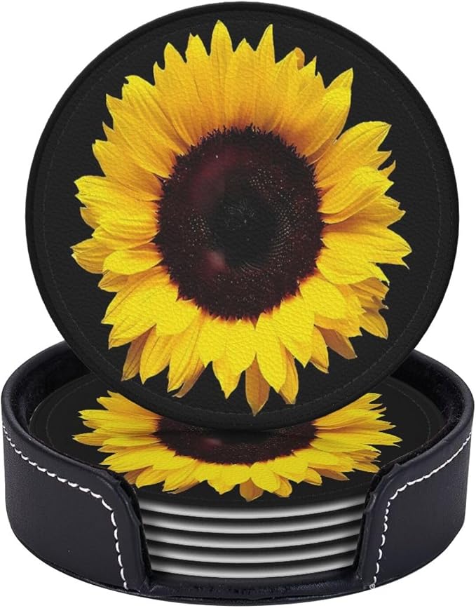 6 Pcs Black Farmhouse Blossom Sunflower Leather Coasters