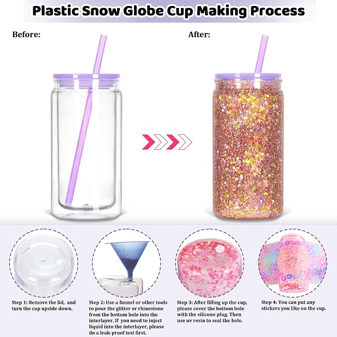 8 Pack Plastic Snow Globe Tumbler, 16 Oz Double Wall Plastic Can