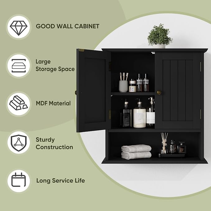 Black Wall Cabinet, 2-Door Medicine Cabinet