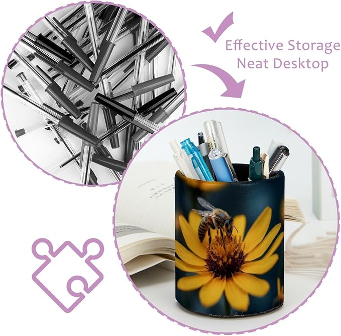 Leather Pen Holder for Desk, Honeybee Pencil Cup Pen Organizer Makeup Brush
