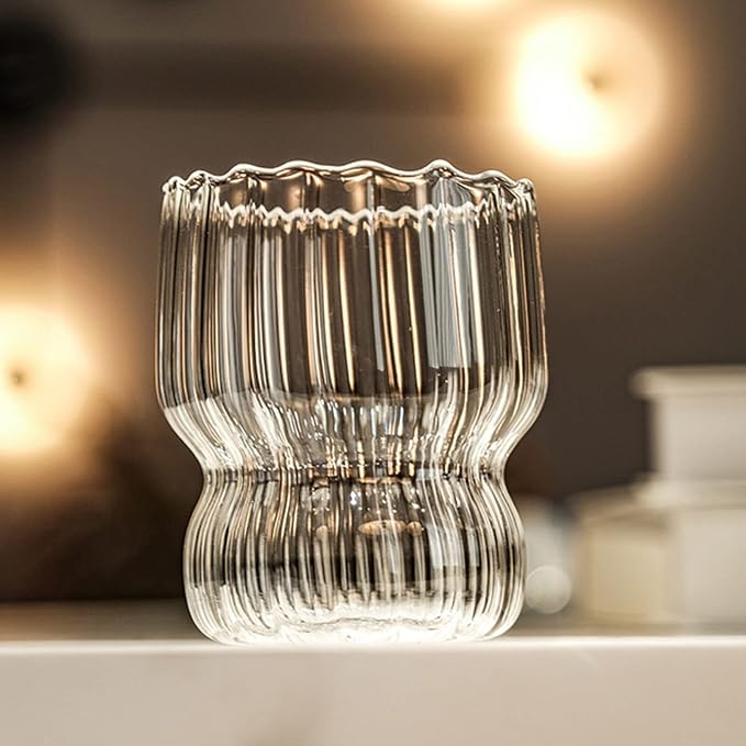 MANMAOHE 10 Oz Ribbed Glass Cups Set of 2 Creative Wavy Drinking Glasses