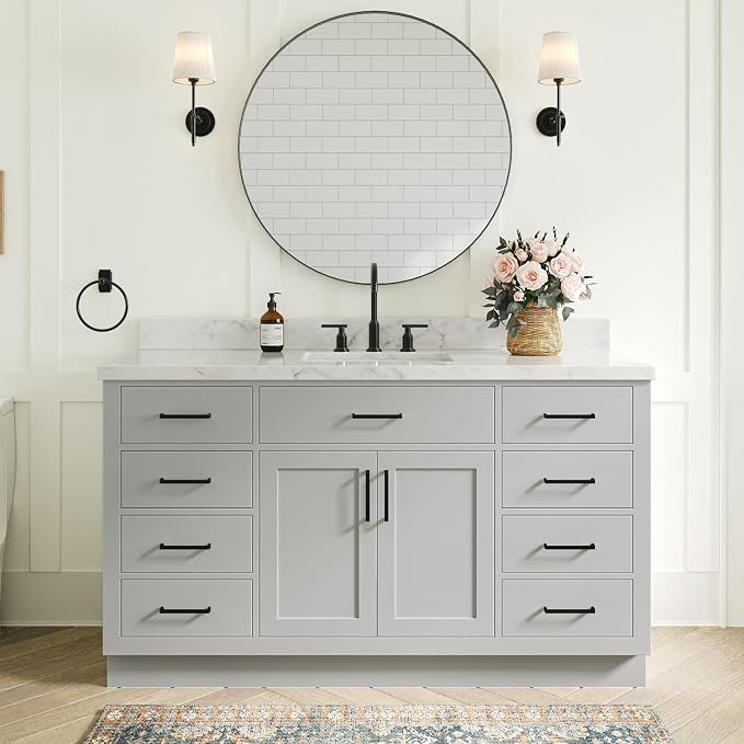 61" Grey Bathroom Vanity, 1.5" Edge Italian Carrara Marble Countertop