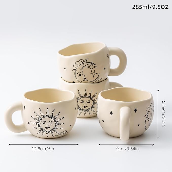 4pcs Boho Style Ceramic Moon and Sun Mugs, 9.4OZ Cute Coffee Cup Set, Matte