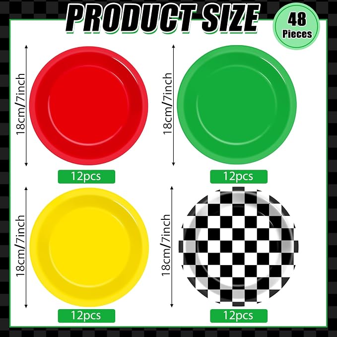 48Pcs Race Car Party Decorations Supplies Red Green Yellow Dinnerware