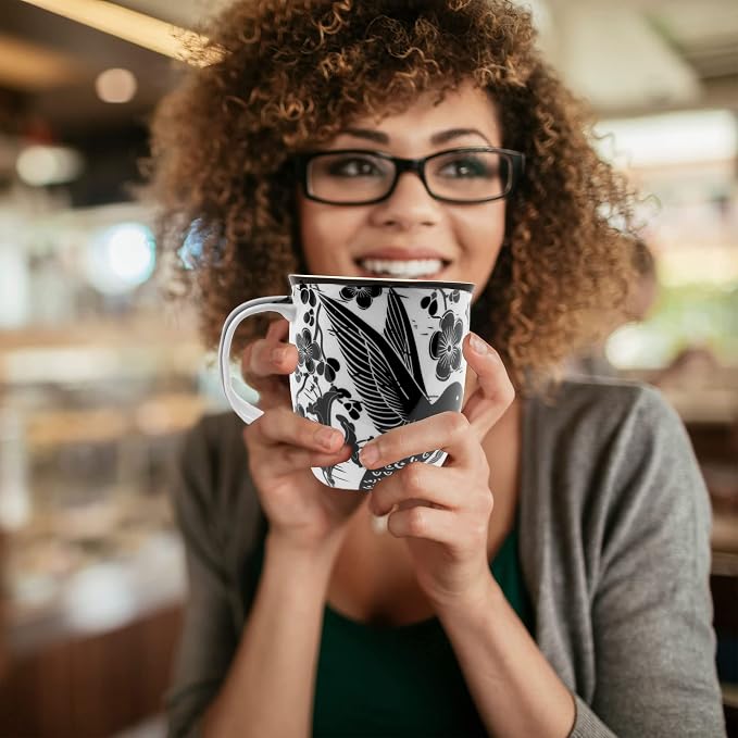 Karma Gifts 14 oz Black and White Boho Mug Hummingbird